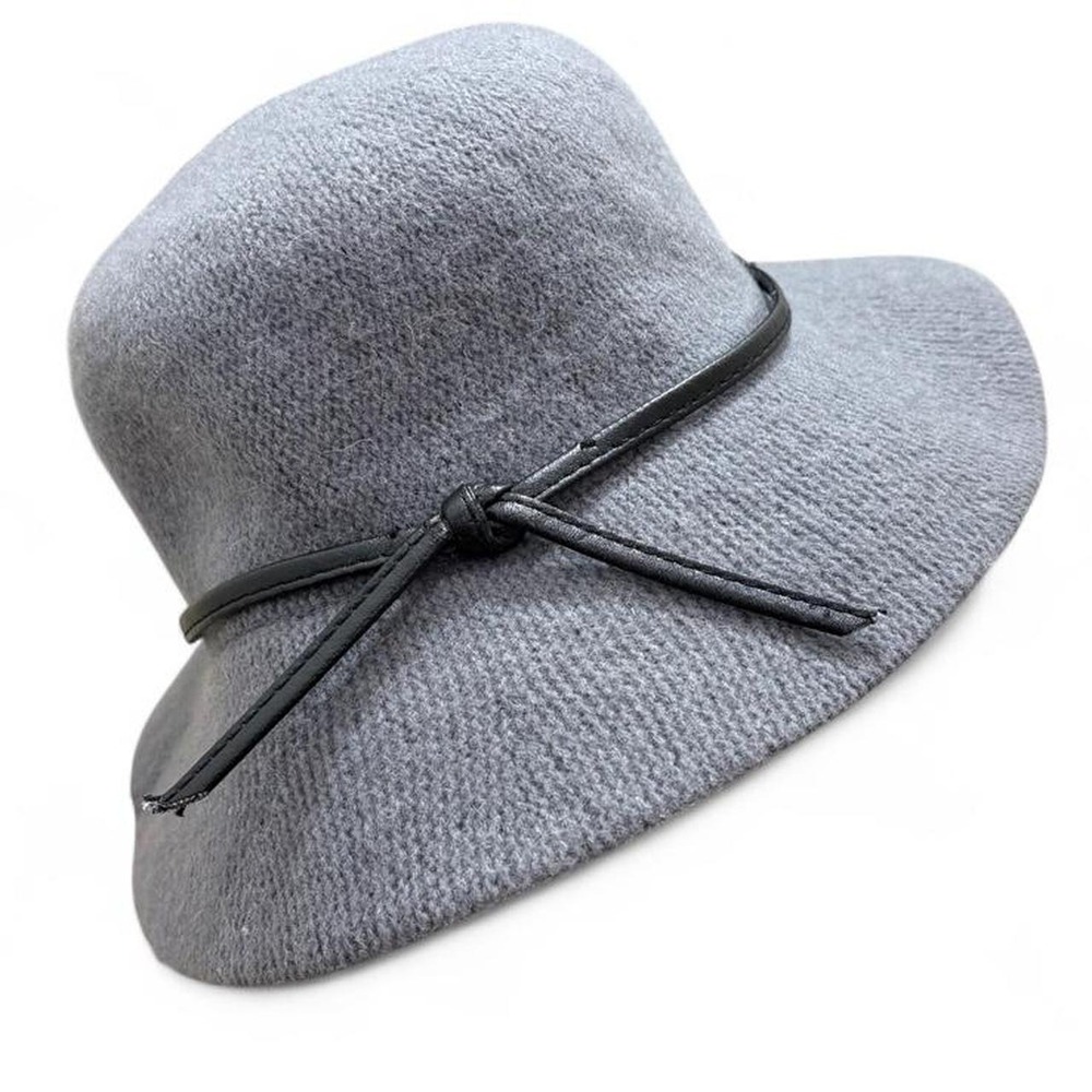 Wool Blend Knit Cloche Hat Old Navy Grey with Black Bow Trim 1920's Bucket S-M